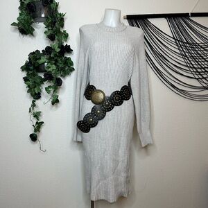 Gray Ribbed Knit Dress with Black Belt